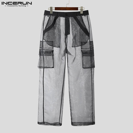 INCERUN 2025 Men Pants Mesh Gradient Button Oversize Pockets Straight Trousers Men Joggers Streetwear Joggers Fashion Long Pants