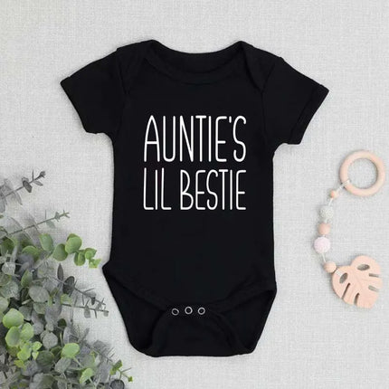 Auntie's Lil Bestie Funny Letter Print Baby Bodysuit Casual Infant Short Sleeve Romper Newborn Outfit Jumpsuit