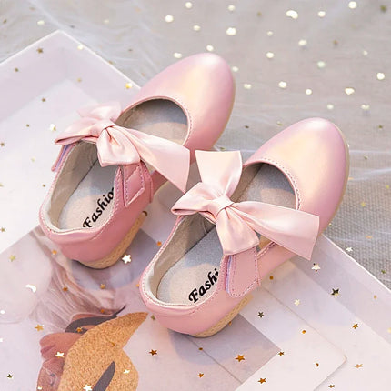 Girls Leather Shoes with Big Bow-knot Princess Sweet Classic Fashion Children Party Shoes White for Wedding Soft Anti-slippery