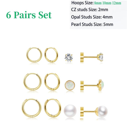 6 Pairs Earrings Sets for Multiple Piercing Small Huggie Hoop Earrings Flat Back Tiny Ball CZ Opal Pearl Stud Earrings for Women