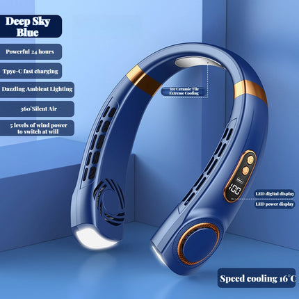 Portable Ice-Cooling Fan with LED Light, Silent Bladeless Halterneck Design for Personal Cooling and Outdoor Comfort