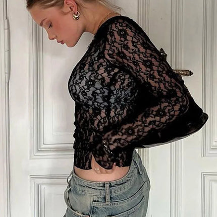 Long Sleeves See Through Lace Crop Top Solid Sexy Bodycon T-Shirt For Women Party Club Autumn Winter Clothes