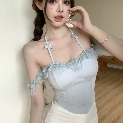Pure Desire Lace Strap Vest Women Sexy ort Blue Top with Chest Pad Hanging Ne  Knot Nylon Cotton Spandex Blend