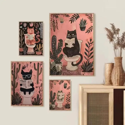 Pink Black Cat Dog Frog on The Toilet Reading Poster Bath Prints Animals Canvas Painting Wall Art Pictures for Toilet WC Decor