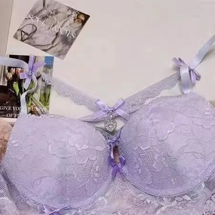 MOYISU Kawaii Heart Bra Set, Purple Lace Lingerie Sexy Pure Design, Push Up Bralette Sml Boobs Fashion Outerwear Statement Piece
