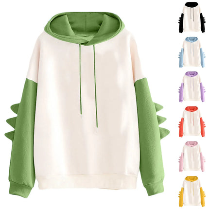 Winter Casual Hoodie Cartoon Dinosaur Color Block Pullover Tops Men Women Loose Long Sleeve Sweatshirt Holiday Gift