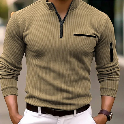 New men's long-sleeved striped POLO shirt with zipper collar, retro style sports and outdoor casual tops
