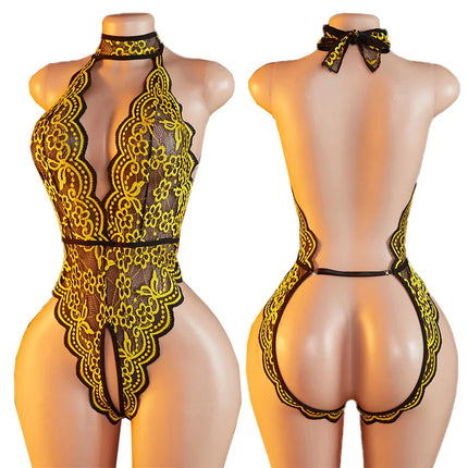 See Through Deep V Sexy Underwear Women One-piece Exotic Costumes Porn Hollow Crotchless Backless Bodysuit Erotic Lingerie Set