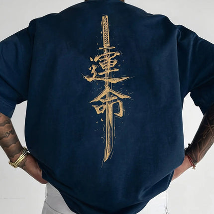 Men's summer pure cotton fashionable casual loose Japanese samurai sword pattern printed round neck short-sleeved T-shirt