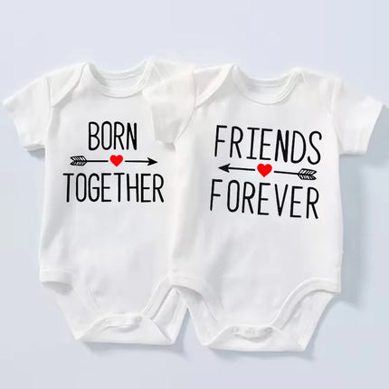 1Pc Born Together and Friends Forever Newborn Clothes Summer Short Sleeves Rompers Twins Baby Bodysuits Toddler Onesie
