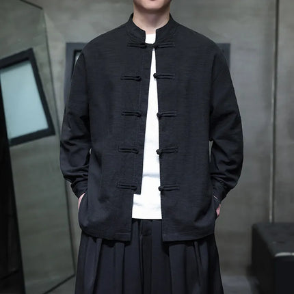 Chinese Style Men Long Sleeve Casual Shirt New 2026 Spring Vintage Mandarin Collar Loose Male Cotton Linen Tops Shirts N055