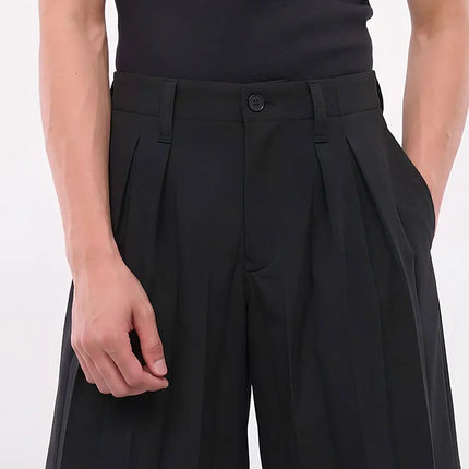Mauroicardi Spring Summer Soft Black Pleated Shorts for Men High Waist Elegant Luxury Knee Length Straight Pants Clothes 2026