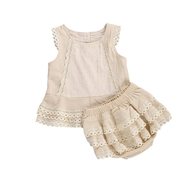 Summer New Baby Girls Outfit Clothes Cute Princess Sleeveless Lace Vest Tops+Layered Hem Tiered Skirts Panty Suit For Toddler