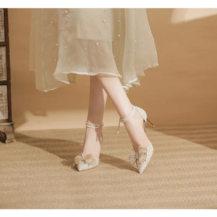 Spring Pointed Toe Party Wedding Shoes for Women, Bride Bow Thick Heel Silver Sequin Fairy Lolita Style Single Shoes