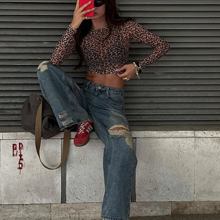 Dulzura Sexy Long Sleeves Tops Mesh T Shirt Leopard Printed Bodycon Women Clothes Lady Party Club Streetwear Casual Nightout Y2K