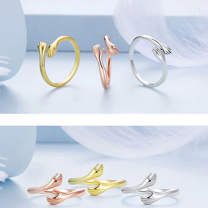 BAMOER 925 Sterling Silver Hug Open Ring Warm Love Hand Adjustable Glossy Ring for Women, His Big Loving Family Party Gift