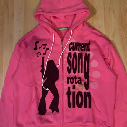 Women Sexy Pattern Print Zip Up Hoodies Women Long Sleeve Tops Loose Hood Shirt Harajuku Y2K Clothes Female Sweatshirt Jacket