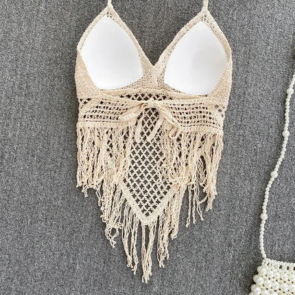Knitted Tassels Hollow Out Tank Camis for Women Bohemian Style Halter Sleeveless Sexy Femme Corset Crop Tops Beach Tank Camisoles
