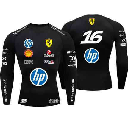 2026 Ferrari Men's Tight T-shirt, Hamilton 44, Outdoor Sports, Racing, Fast Drying, Charles Leclerc 16, Elastic, Long Sleeved