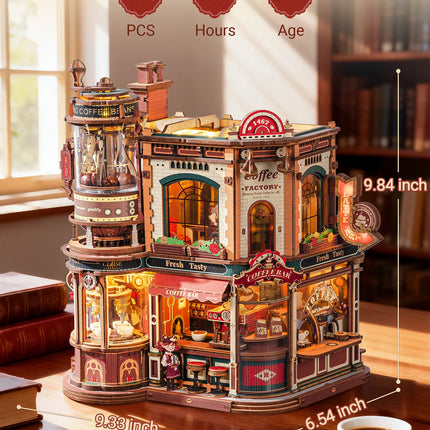 ROKR Wooden 3D Puzzle Dream Coffee Factory Music Box Model Building Kit 593-piece DIY Miniature House Kit with LED Light Unique Home Decor Gift for Adults Women