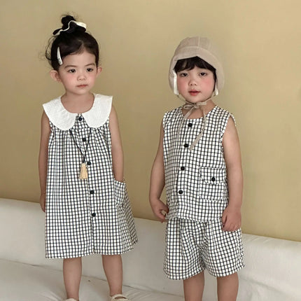 RAISE 2026 Summer Children Outfit Muslin Peter Pan Collar Kids Girls Sleeveless Dress Thin Plaid Tank Top Vest+loose Shorts Suit