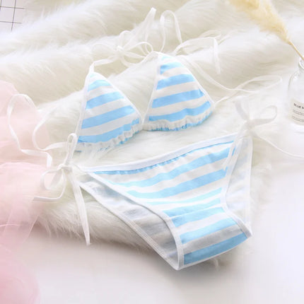 Cute Sexy Cosplay Bikini Blue White Striped Lingerie Set Cotton Triangle Bra Tie Side Panty Sweet Lolita Underwear Kawaii