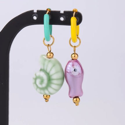 1Pair Trendy Ceramic Hand-painted Tropical Fish Y2K Girl Hoop Earrings Cute Sea Animal Conch Shell Summer Women Aretes Jewelry