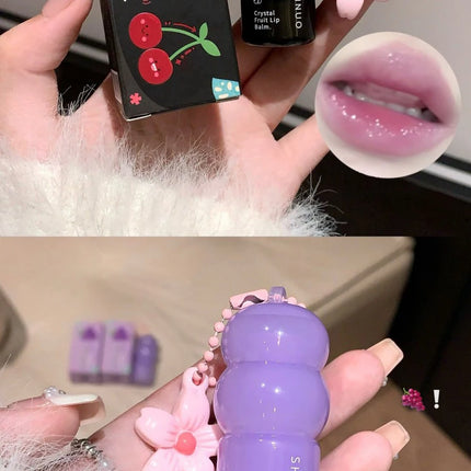 Crystal Strawberry Lip Balm Moisturizing Hydrating Lips Mask Stick Reduce Lip Lines Key Chain for Lip Care Change Color Lipstick