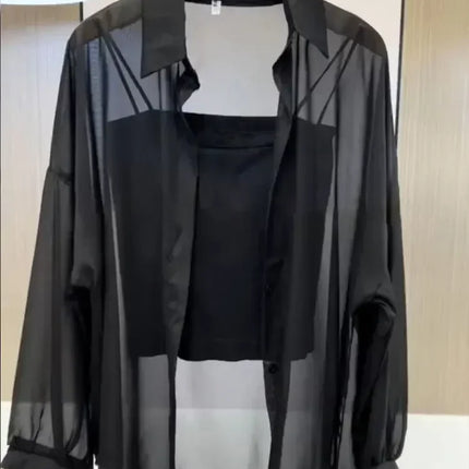 Plus Size Women’s Shirts 2025 Summer Breathable and Sun-Proof Ice Silk with Button Thin Loose Sheer Chiffon Blouses Long Sleeve