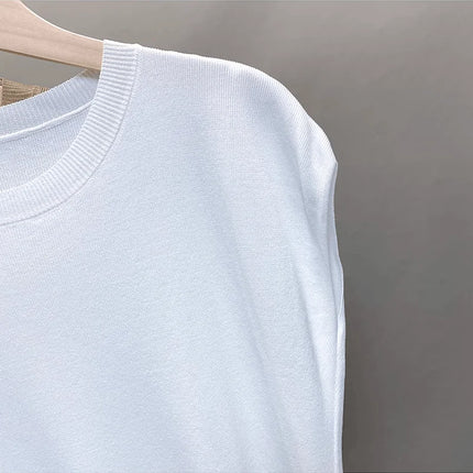 Ice Silk Knitted Top Women's Summer Thin Shoulder Drop Round Neck Short Sleeve T-shirt Pure Color Commute Style Outerwear
