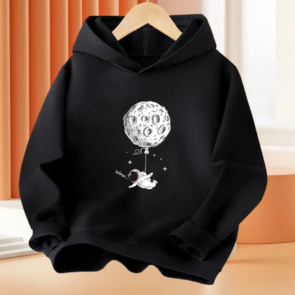 Boys 3-14Year Cartoon Space Astronaut Fishing The Moon Long Sleeve Hoodie Children Funny Tops Kids Cotton Basic Coat