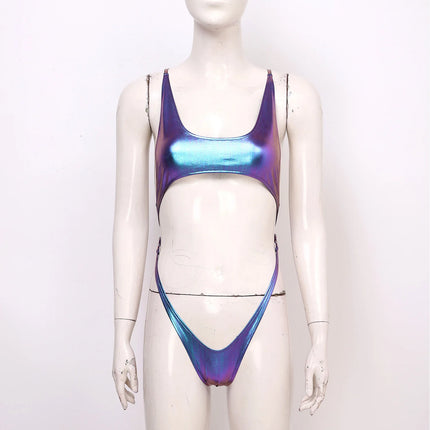 Adult Womens Metallic Shiny One-piece Bathing Suit No-pad No-wire Backless High Cutting Swimwear for Beach Pool Party