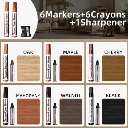13pcs Wood Scratch Repair Kit Furniture Markers Crayon Sharpener Set Waterproof Pen for Floors Tables Desks Stains Oak Maple