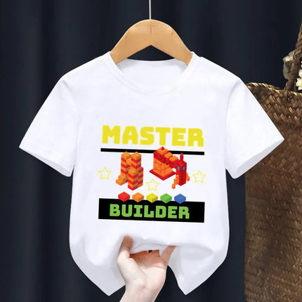 Master Builder Blocks Building Print Cartoon Kids T shirt Girls Summer Tops Baby Boys Clothes Children Short Sleeve T-shirts
