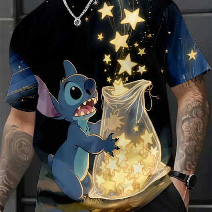Cute Stitch Holding Stars Bag Print T-shirt Men Streetwear Cartoon Graphic Tops