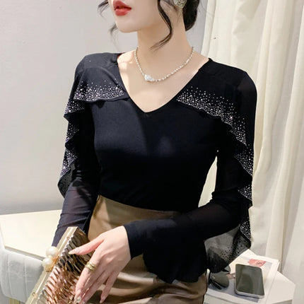 2025 Autumn New Style Mesh Tops Korean Fashion Round Neck Ruffles Shirt Lotus Leaf Edge Hot Diamond Long Sleeve Women T-Shirt