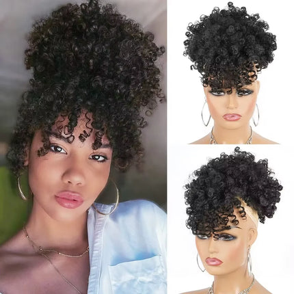 Ombre Brown Blonde Short Afro Puff Drawstring Ponytail Hair Bun, Synthetic Curly Bangs Wrap Around Headband Hairpieces for Women