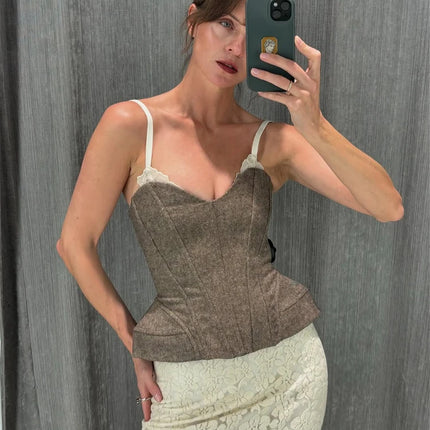 Women Solid Deep-v Satin Camisole Corset Top Elegant Double-strap Fitted Cropped Back-tie 2026 Chic Versatile Date Lady Tops