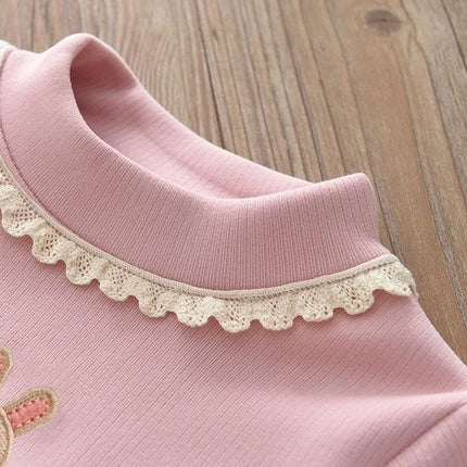 1pc Children's T-Shirt Rabbit Embroidery Velvet Warm Top Kids Half High Collar Long Sleeve Base Shirt Girls T-Shirts Clothes