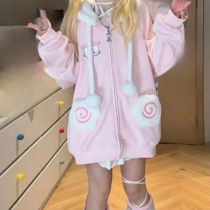 Japanese Kawaii Cartoon Embroidery Hoodies Women Cartoon Cute Pocket Loose Sweatshirt 2026 Y2k Aesthetic Casual Grunge Hoody