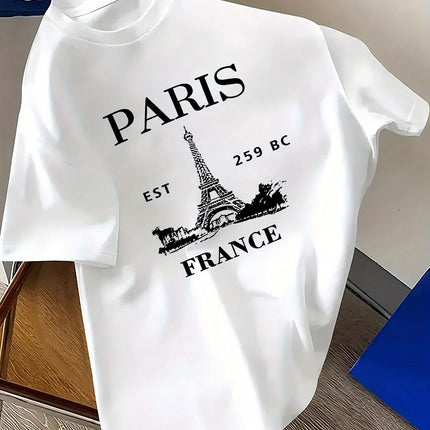 Men's summer 100% cotton retro style Paris Eiffel Tower print fashionable casual sports loose round neck short sleeved T-shirt