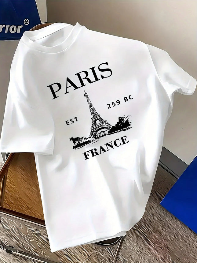 Men's summer 100% cotton retro style Paris Eiffel Tower print fashionable casual sports loose round neck short sleeved T-shirt