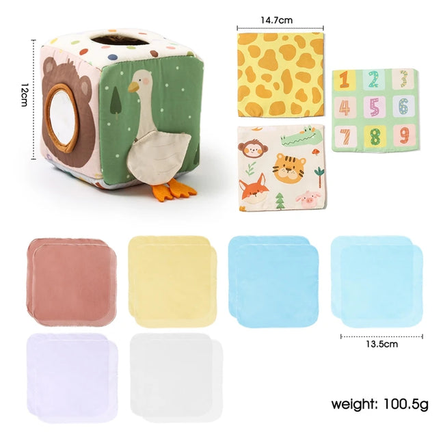 Baby Montessori Rattle Toy Cotton Animal Tissue Box Kid Finger Exercise Cloth Busy Box Toy Baby Educational Activity Sensory Toy