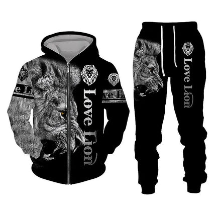 Men's Zip Hoodie Tracksuit Full Hoodies Set Lion Graphic Zipper 2 Piece Hooded Sports Outdoor Casual Sports 3D Print Streetwear
