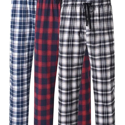 3Pcs Men's 100% Cotton Plaid Pajama Sleeping Pants, Long Plaid Print Sleepwear Pajama Pants with Elastic Waist Homewear