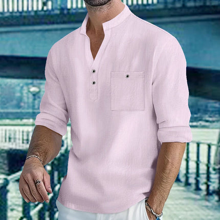 Men's Lightweight Shirts Long Sleeve Henley Cotton Linen Shirts for Male Beach Hawaiian V-neck Top Breathable Polo Shirts top