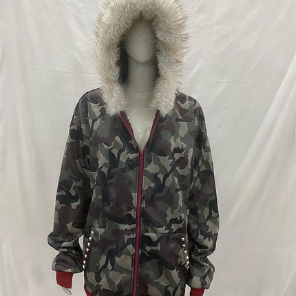 Winter Warm Camouflage Hoodie Women's Faux Fur Trim Zip-Up Sweatshirt Female  Oversized Streetwear Hooded Jacket 2026 New