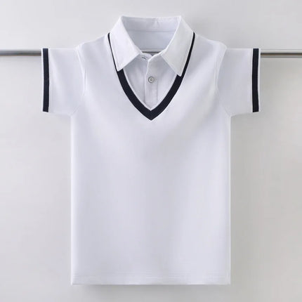 Boys School Uniform Cotton Polo Shirt Summer Chicken Heart Collar Design Kids Short Sleeve Cotton Tops For Children's Age 5-15 T