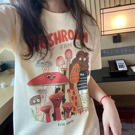 The Mushroom Cute Women's T-Shirt Harajuku Vintage 80s 90s Cotton Short Sleeve Kawaii Graphic Funny Tee Streetwear Clothes