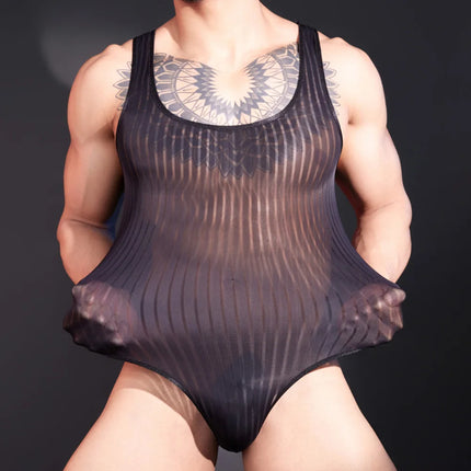 o neck Mens transparent Striped Comfortable Sleeveless High Cut Underwear Tank Tops Bodysuits Lingerie Man tights Vest Club wear
